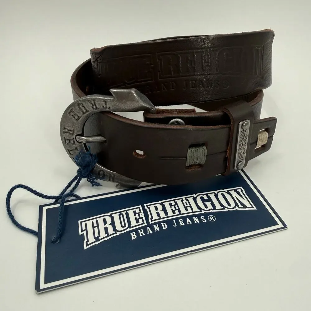 True Religion Jeans Belt Women's Size 22 NWT with Flaws Brown Leather Silver